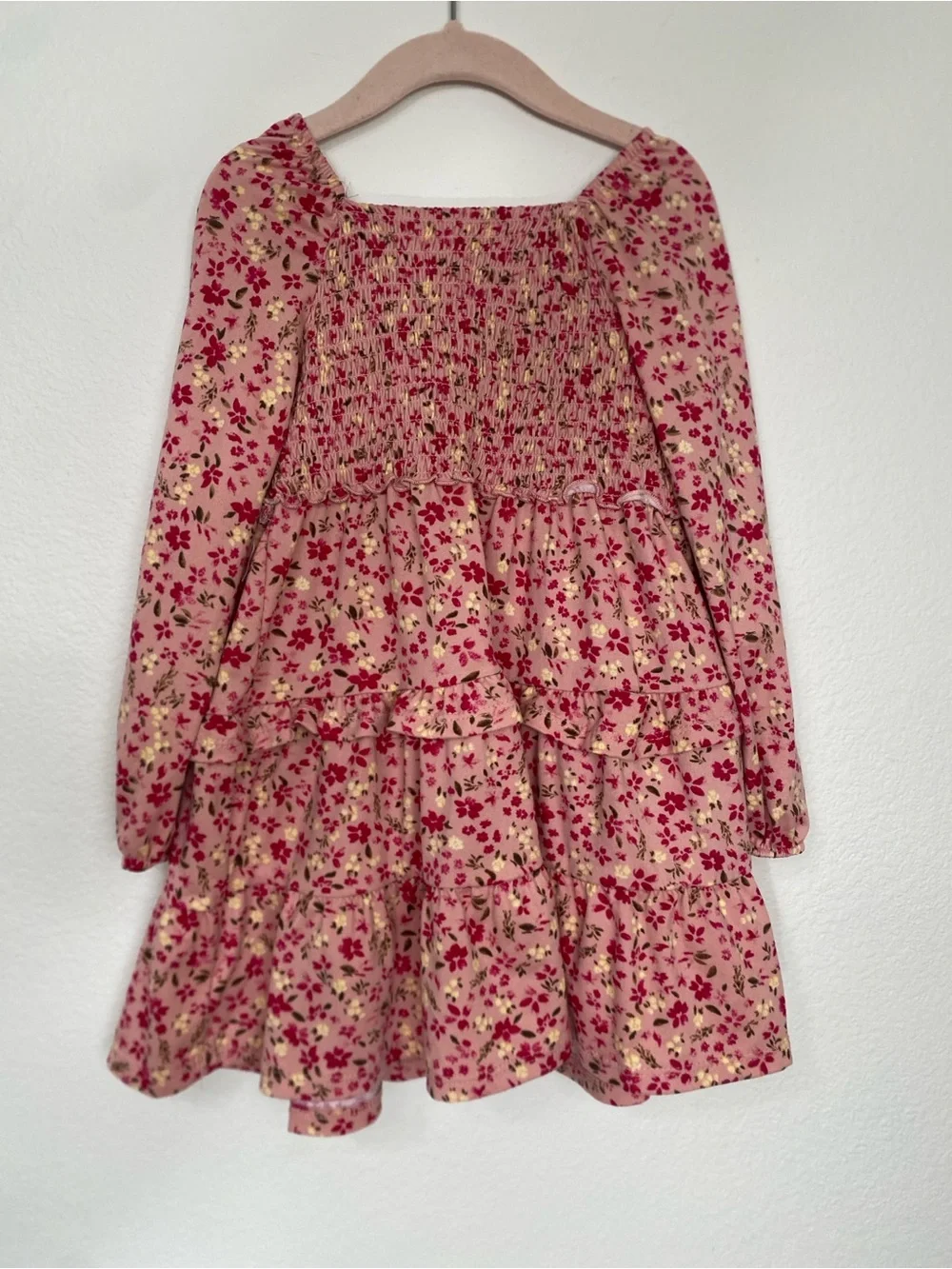 Btween Girls Pink Smock Floral Tiered Long Sleeve Mini Dress Size 4 Cottagecore